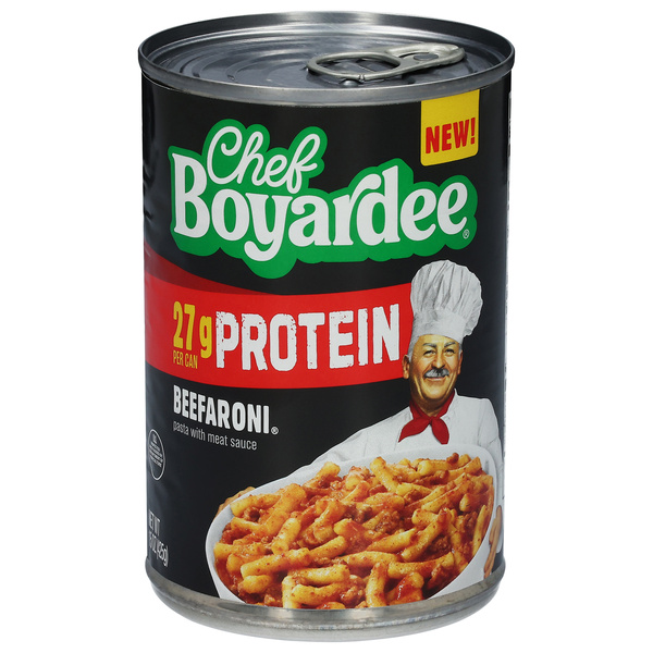 Chef Boyardee Protein Packed Beefaroni 15 oz, image courtesy of Hy-Vee