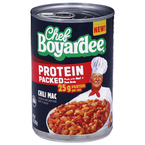 Chef Boyardee Protein Packed Chili Mac 15 oz, image courtesy of Hy-Vee
