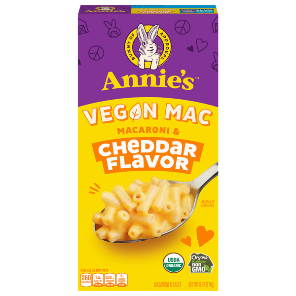 Annie's Vegan Mac and Cheddar Flavor Pasta and Sauce, Organic, Plant Based, Dinner Side or Snacks, 6 oz, image courtesy of Hy-Vee
