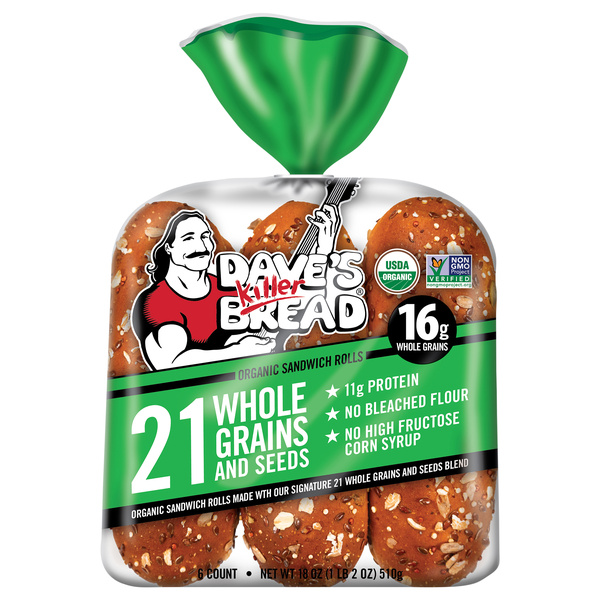 Dave's Killer Bread 21 Whole Grains and Seeds Organic Sandwich Rolls, Organic Sub Rolls, 6 Count, image courtesy of Hy-Vee