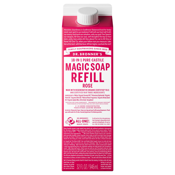 Dr. Bronner's 18-in-1 Pure-Castile Rose Magic Soap Refill 32 fl oz, image courtesy of Hy-Vee