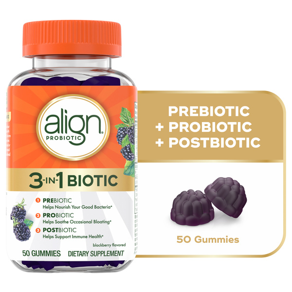 Align Probiotic, 3-in-1 Biotic Gummies, Prebiotic + Probiotic + Postbiotic, Probiotics for Women, 50 Gummies, image courtesy of Hy-Vee