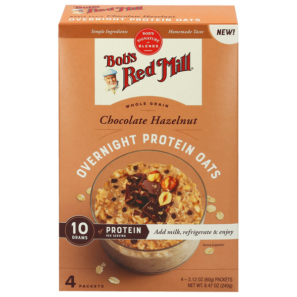 Bob's Red Mill Whole Grain Chocolate Hazelnut Overnight Protein Oats 4 - 2.12 oz Packets, image courtesy of Hy-Vee