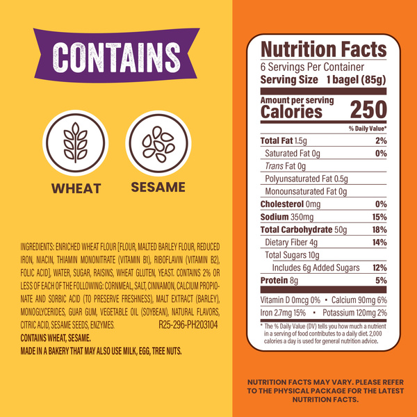 Thomas' 8g Protein, Kosher Cinnamon Raisin Bagels, 6 count, 18 oz