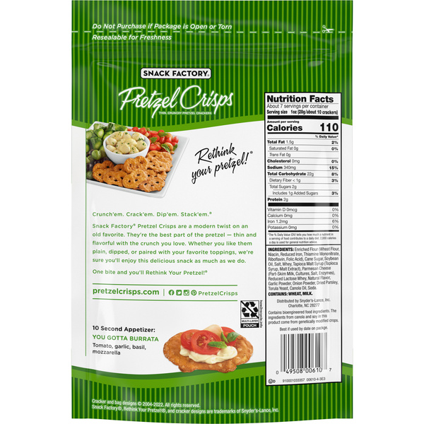 Snack Factory Garlic Parmesan Pretzel Crisps, 7.2 OZ Resealable