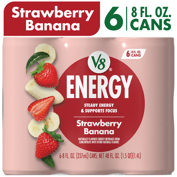 V8 Energy Strawberry Banana Juice Energy Drink, 8 fl oz Can (6