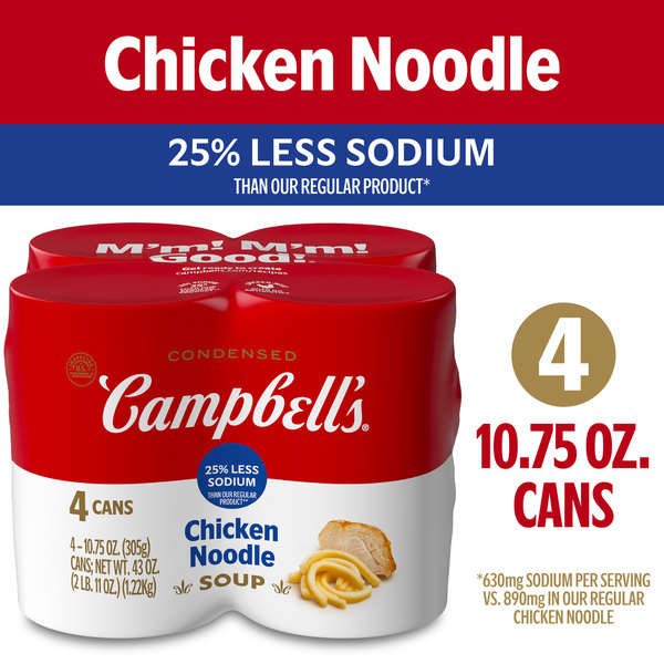Campbell's Condensed 25% Less Sodium Chicken Noodle Soup 4-Count Multipack, image courtesy of Hy-Vee