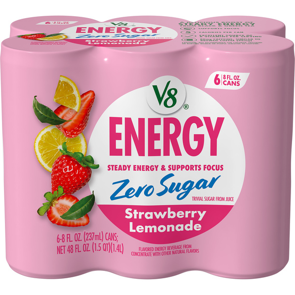 V8 Energy Zero Sugar Strawberry Lemonade, 8 fl. oz. Can (6 Pack