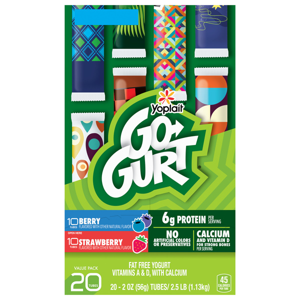 Go-GURT Yogurt Tubes, Berry and Strawberry, 6g Protein, 20 Ct, 40 oz, image courtesy of Hy-Vee