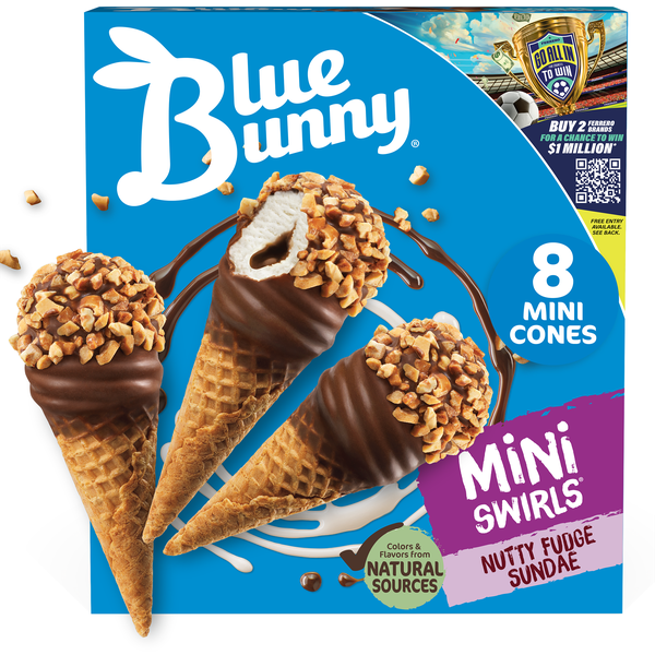 Blue Bunny Mini Swirls Nutty Fudge Sundae Cones Frozen Dessert, 8