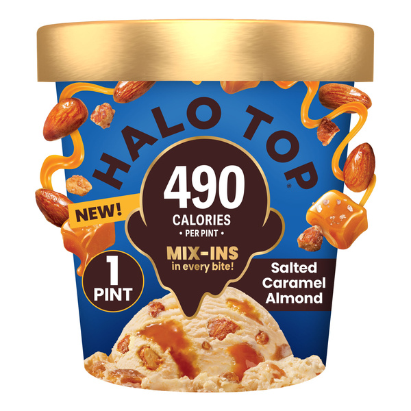 Halo Top Salted Caramel Almond Light Ice Cream, Lower Calorie Frozen Dessert Pint, 16 fl oz, image courtesy of Hy-Vee
