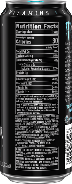 how much l-carnitine in 16 oz monster Monster Zero Sugar Lando Norris Energy Drink Can, fl Monster Energy Zero Ultra Energy