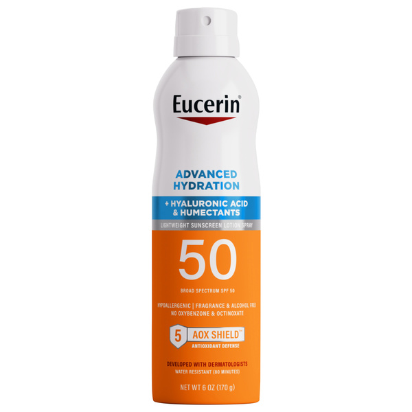 Eucerin Sun Advanced Hydration SPF 50 Sunscreen Spray with Hyaluronic Acid, Hydrates Skin, 6 oz, image courtesy of Hy-Vee
