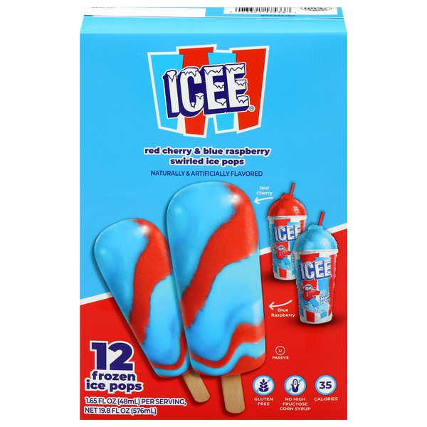 Icee Frozen Ice Pops, Red Cherry & Blue Raspberry, Swirled, 12