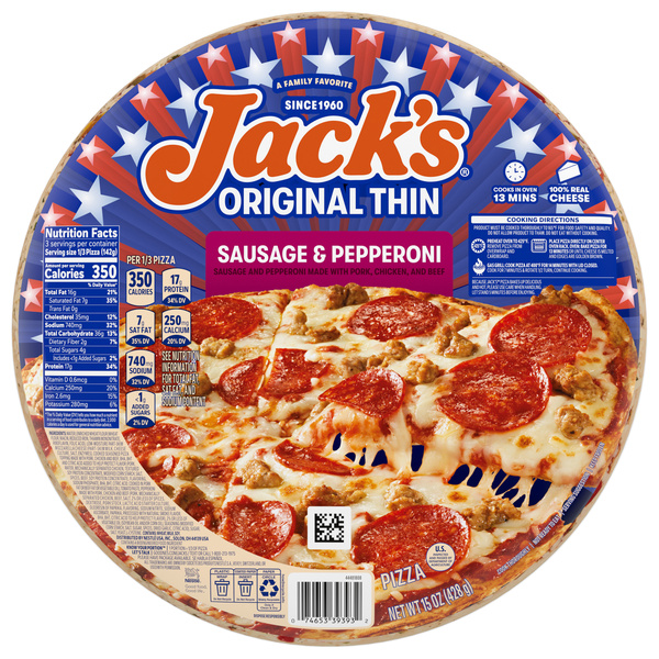 Jack's Pepperoni and Sausage Pizza, Thin Crust Frozen Pizza for