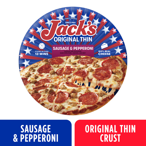 Jack's Pepperoni and Sausage Pizza, Thin Crust Frozen Pizza for