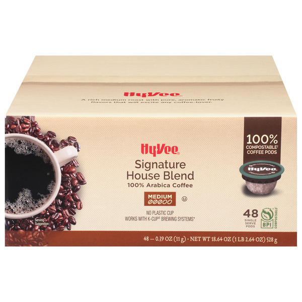 Hy-Vee Signature House Blend Medium Roast 100% Arabica Coffee Single Serve Pods, image courtesy of Hy-Vee