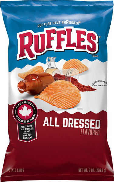 all dressed ruffles chips Potato Chips, 8.5 Oz. Big Bag Youll enjoy a bag of Ruffles All Dressed flavoured potato chips if Ruffles All Dressed 3-Pack 