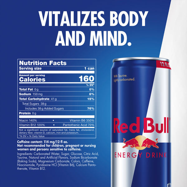 Red Bull Energy Drink, 12 fl. oz., Pack of 4 Cans, 114mg Caffeine