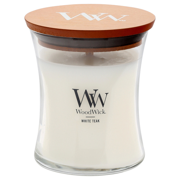 WoodWick White Teak Scented Medium Hourglass Candle, Crackles as