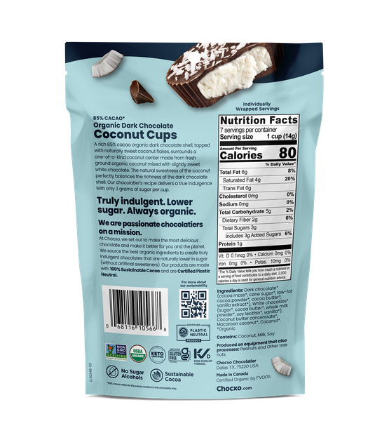 ChocXO Dark Chocolate Coconut Cups, 85% Cacao | Hy-Vee Aisles