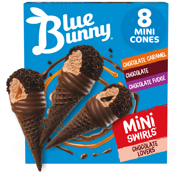 Blue Bunny Mini Swirls Chocolate Lovers Cones, Frozen Dessert, 8