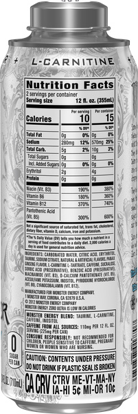 how much l carnitine is in a white monster Energy Zero Sugar Ultra Red & Blue Razz Energy Drink, 16 fl oz Monster Energy Ultra Red White