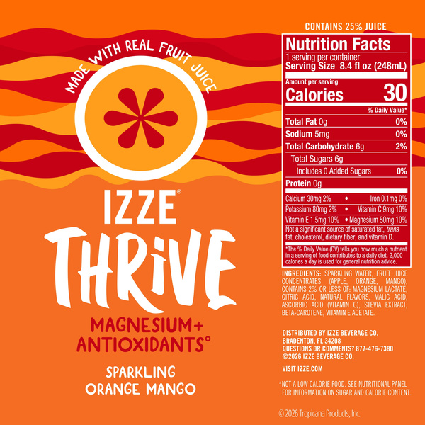 IZZE Thrive Orange Mango with Magnesium, 6-pack, 8.4 fl oz cans