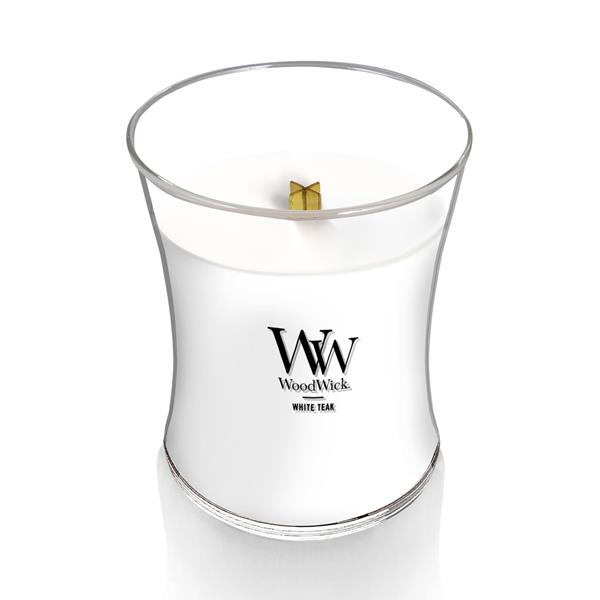WoodWick White Teak Scented Medium Hourglass Candle, Crackles as