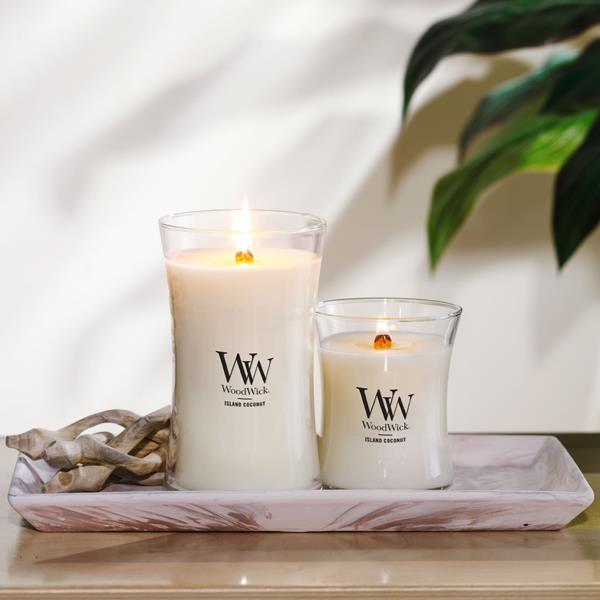 WoodWick White Teak Scented Medium Hourglass Candle, Crackles as