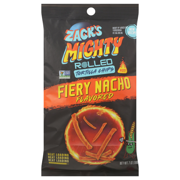 Zack's Mighty Rolled Tortilla Chips, Fiery Nacho Flavored | Hy-Vee