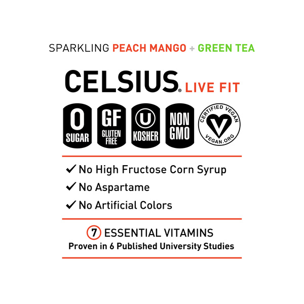 CELSIUS Fizz Free Peach Mango Green Tea, Functional Energy Drink