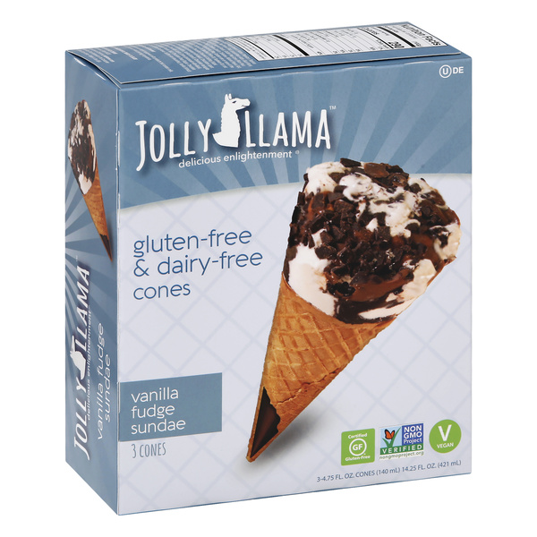 Jolly Llama Cones, Gluten Free & Dairy-Free, Vanilla Fudge Sundae