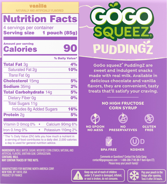 GoGo squeeZ PuddingZ On-the-Go Vanilla Pudding Snack Pouches, 3oz